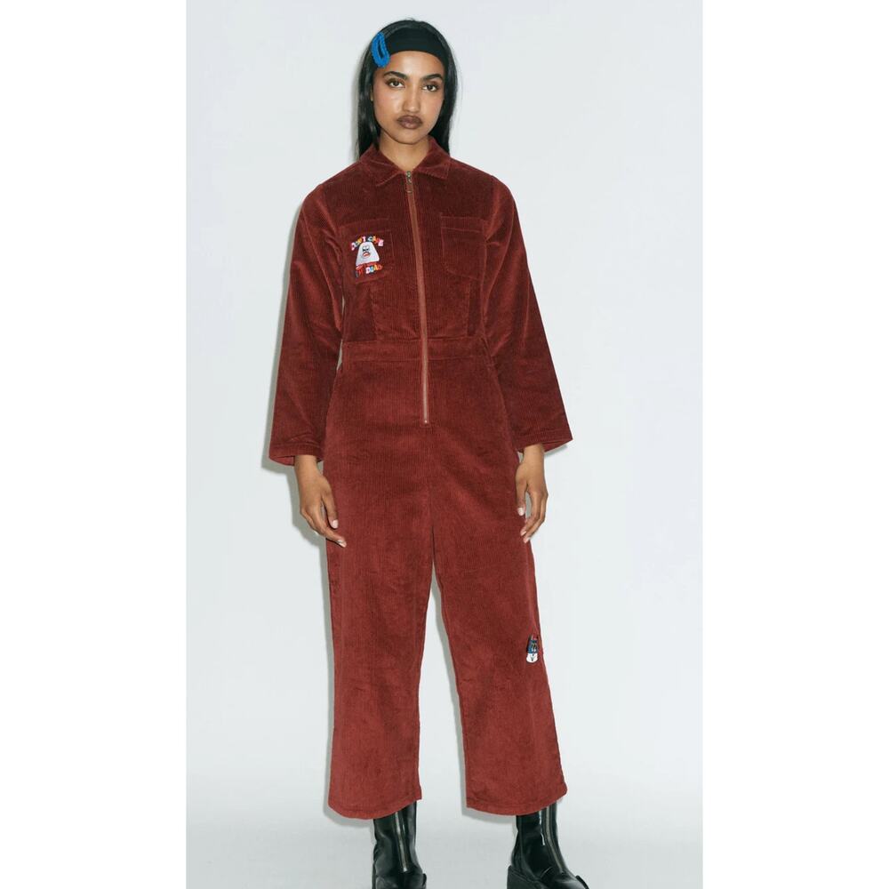 Lazy Oaf Red Graphic Jumpsuit with Yellow & Blue Artwork